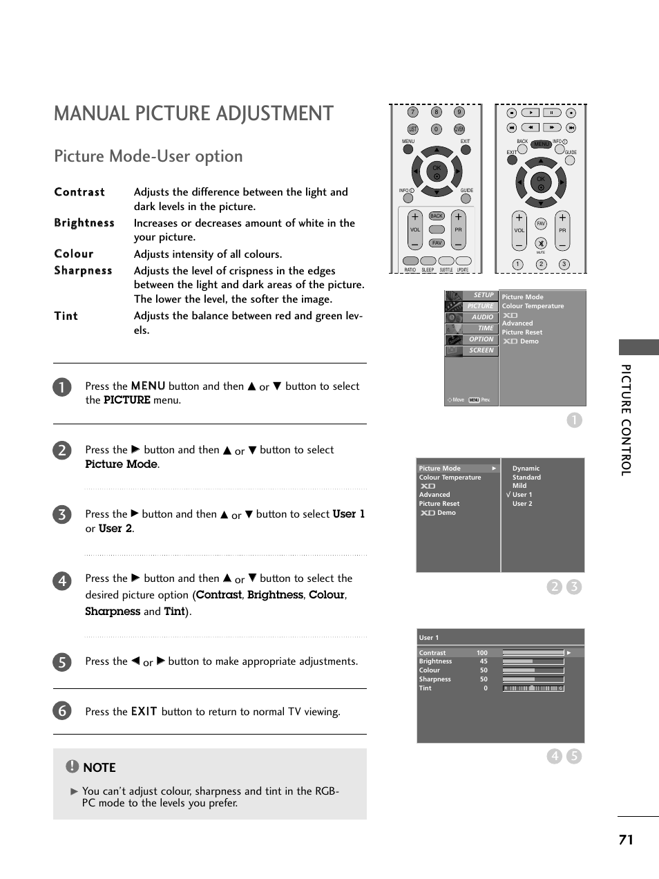 Manual picture adjustment, Picture mode-user option, Picture contr ol | LG 26LC4* User Manual | Page 73 / 120