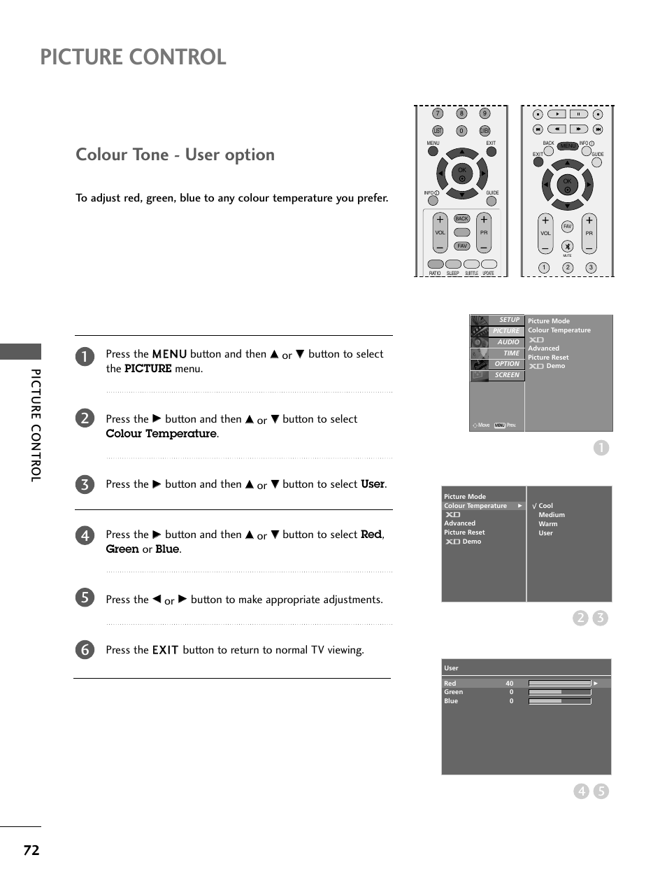 Colour tone - user option, Picture control, Picture contr ol | Button to select the picture menu. press the, Button and then, Button to select colour temperature . press the, Button to select user. press the, Button to select red, green or blue. press the | LG 26LC4* User Manual | Page 74 / 120