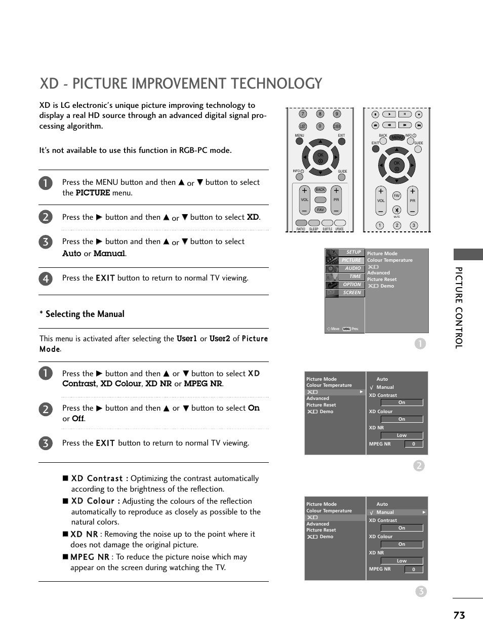 Xd - picture improvement technology, Picture contr ol 3, Selecting the manual | LG 26LC4* User Manual | Page 75 / 120