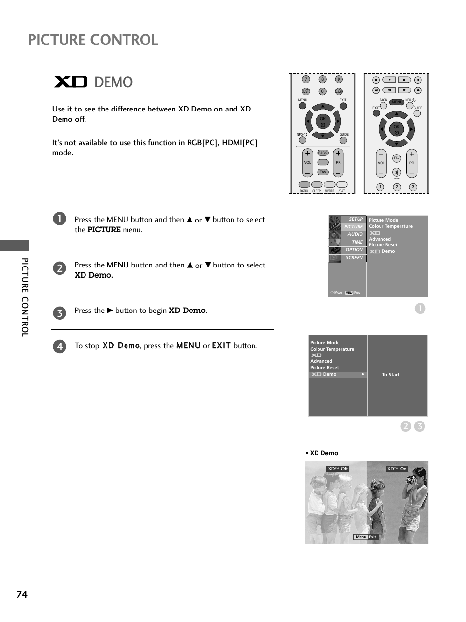 Xd demo, Picture control, Demo | Picture contr ol, Button to select xd demo. press the | LG 26LC4* User Manual | Page 76 / 120
