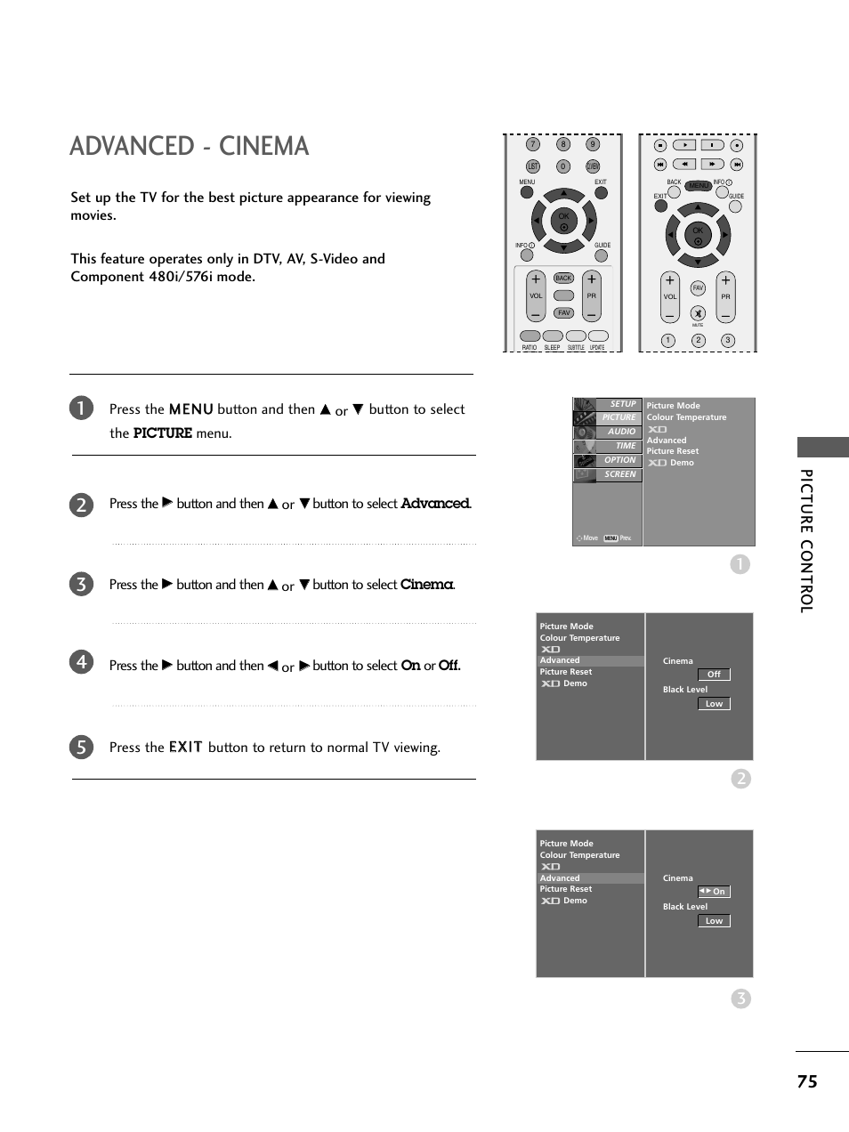 Advanced - cinema, Picture contr ol, Button to select the picture menu. press the | Button and then, Button to select advanced. press the, Button to select cinema. press the | LG 26LC4* User Manual | Page 77 / 120