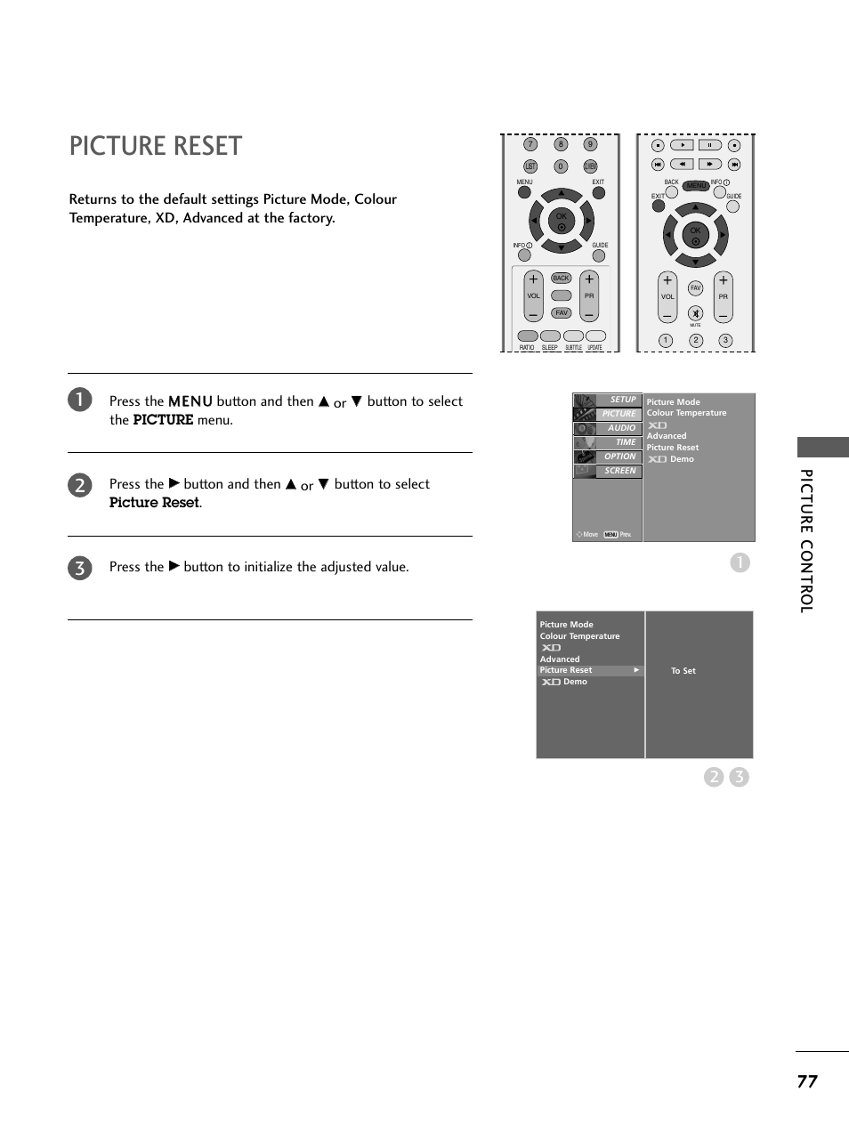 Picture reset, Picture contr ol, Button to select the picture menu. press the | Button and then, Button to select picture reset . press the | LG 26LC4* User Manual | Page 79 / 120