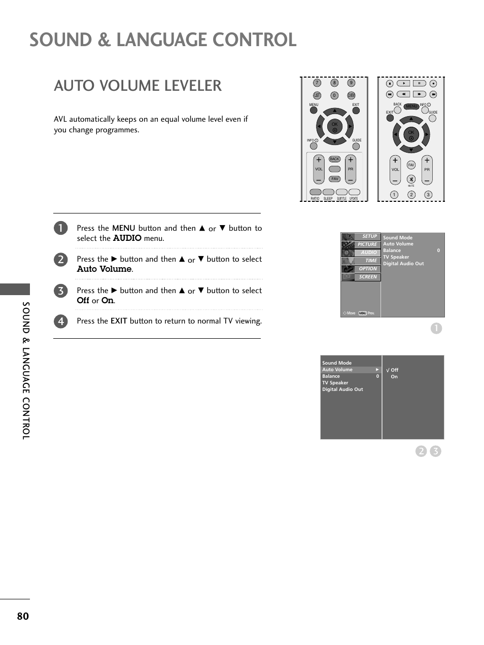 Sound & language control, Auto volume leveler, Sound & langu a ge contr ol | Button to select the audio menu. press the, Button and then, Button to select auto volume . press the | LG 26LC4* User Manual | Page 82 / 120