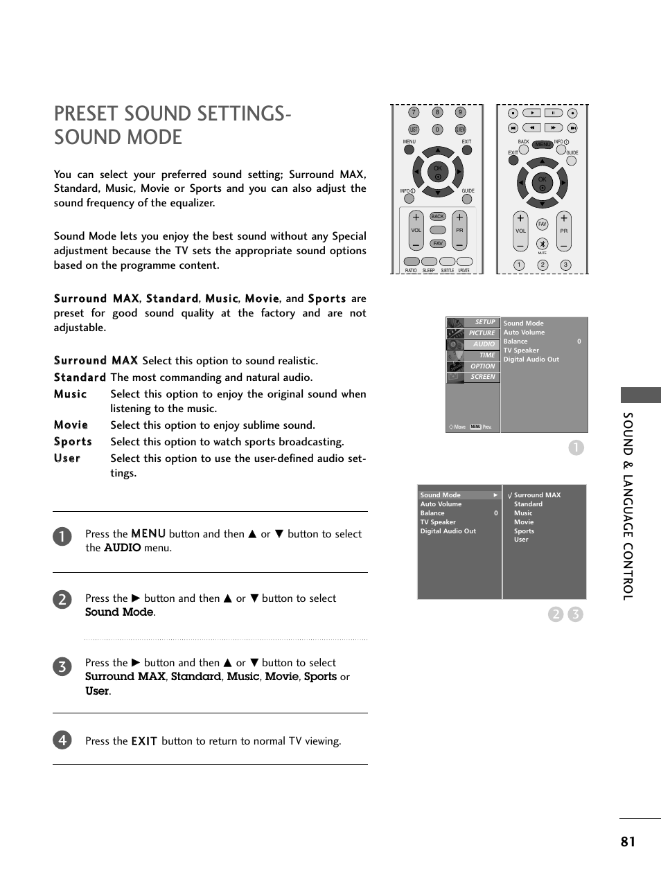 Preset sound settingssoundmode, Preset sound settings- sound mode, Sound & langu a ge contr ol | LG 26LC4* User Manual | Page 83 / 120