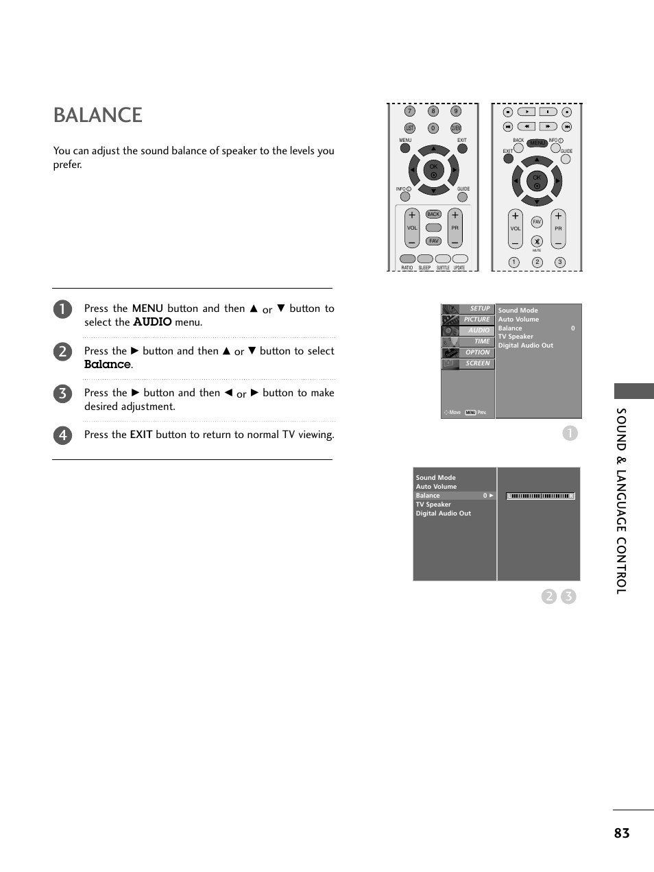 Balance, Sound & langu a ge contr ol 3 2, Press the menu button and then | Button to select the audio menu. press the, Button and then, Button to select balance . press the | LG 26LC4* User Manual | Page 85 / 120