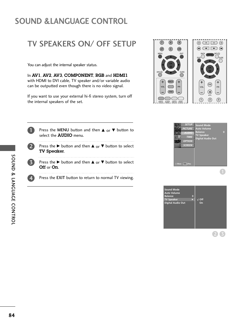Tv speakers on/ off setup, Sound &language control, Sound & langu a ge contr ol | Press the menu button and then, Button to select the audio menu. press the, Button and then, Button to select, Press the | LG 26LC4* User Manual | Page 86 / 120