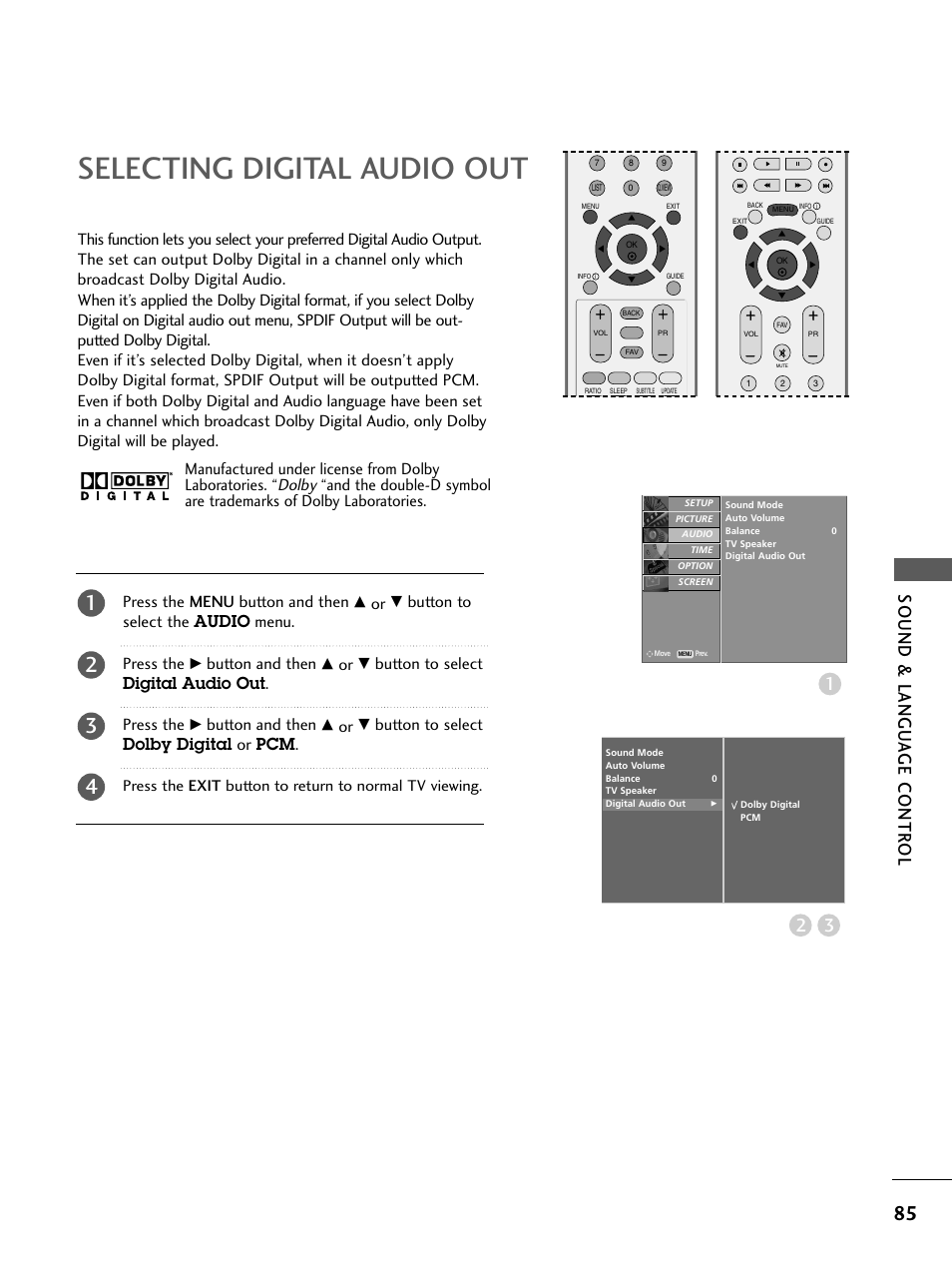 Selecting digital audio out, Sound & langu a ge contr ol 3 2, Dolby | Press the menu button and then, Button to select the audio menu. press the, Button and then, Button to select digital audio out . press the, Button to select dolby digital or pcm, Manufactured under license from dolby laboratories | LG 26LC4* User Manual | Page 87 / 120