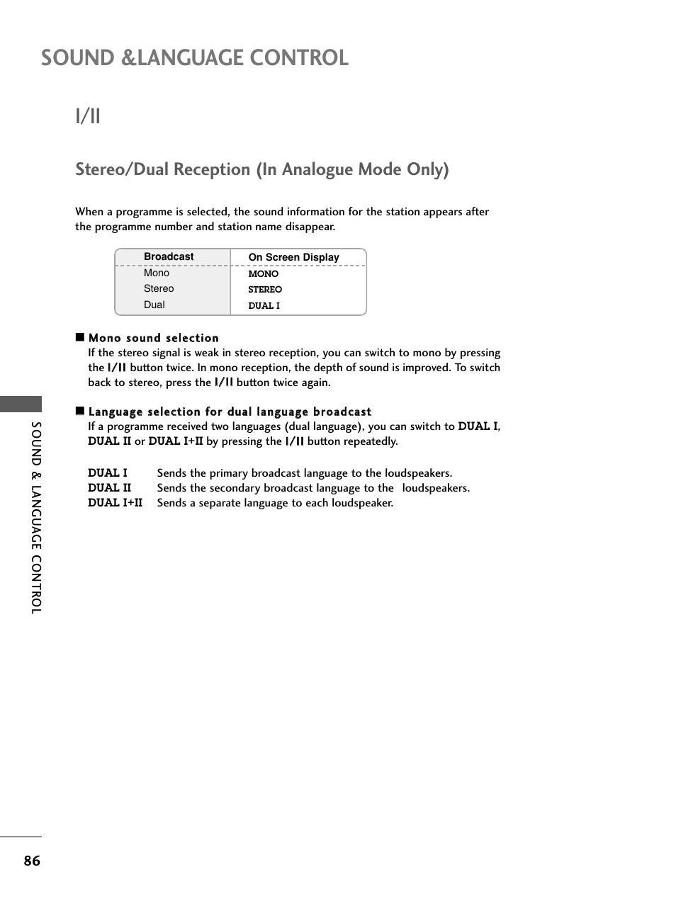 I/ii, Stereo/dual reception (in analogue mode only), Sound &language control | LG 26LC4* User Manual | Page 88 / 120