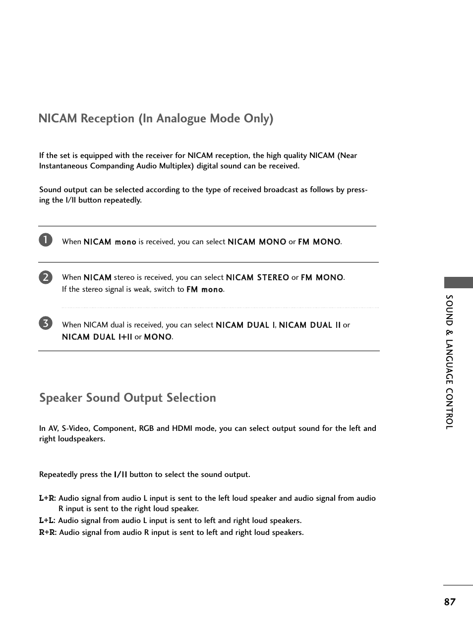 Nicam reception (in analogue mode only), Speaker sound output selection | LG 26LC4* User Manual | Page 89 / 120