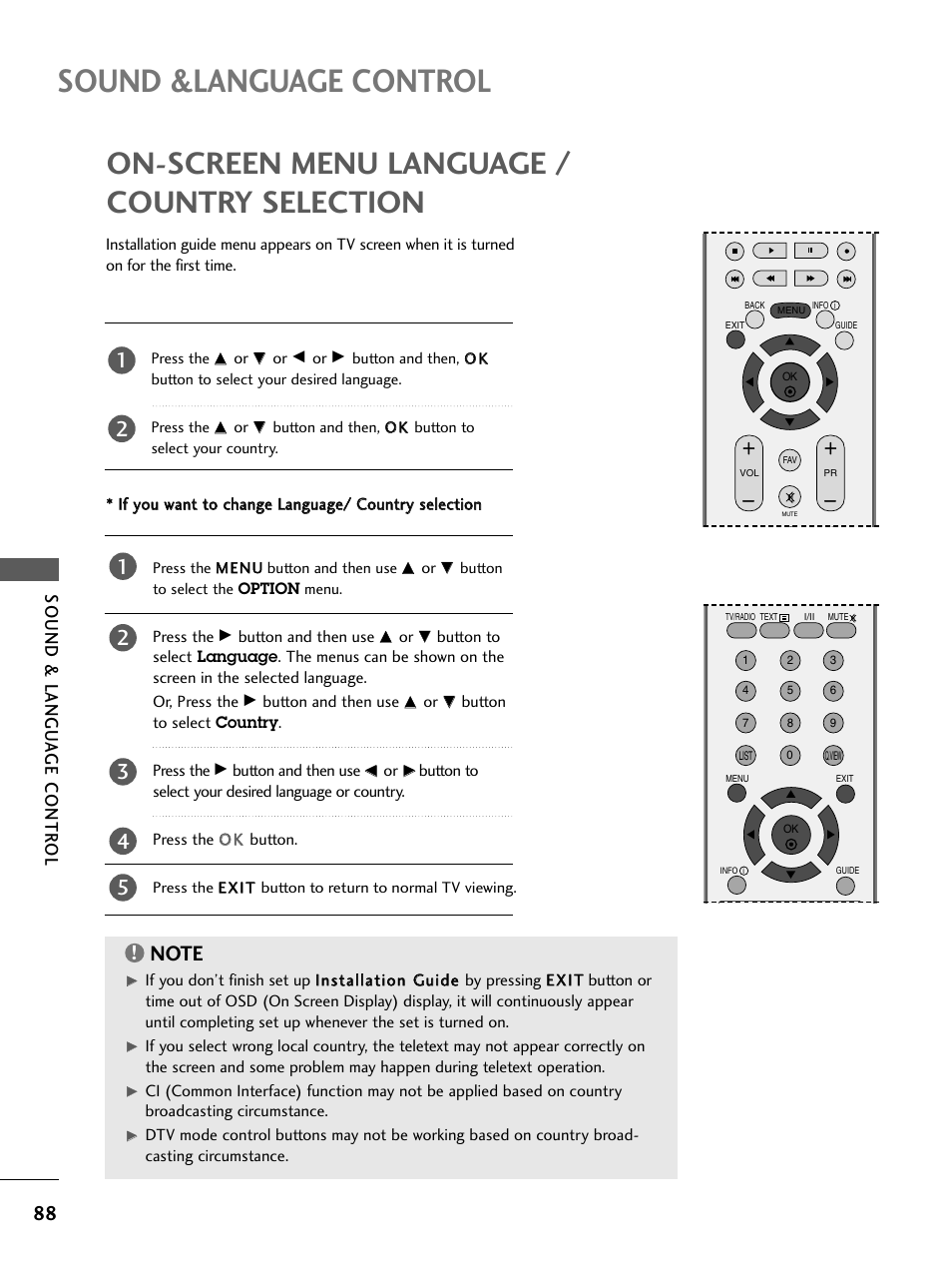On-screen menu language /country selection, Sound &language control, On-screen menu language / country selection | Sound & langu a ge contr ol | LG 26LC4* User Manual | Page 90 / 120