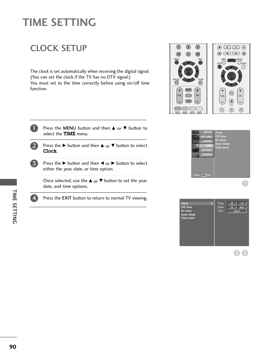 Time setting, Clock setup, Press the menu button and then | Button to select the time menu. press the, Button and then, Button to select clock . press the | LG 26LC4* User Manual | Page 92 / 120