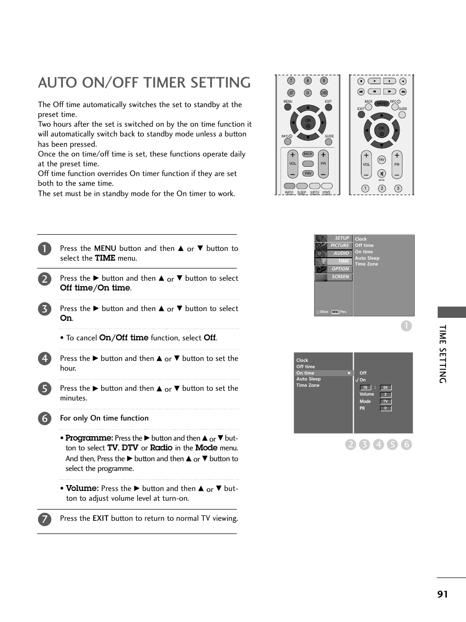 Auto on/off timer setting, Press the menu button and then, Button to select the time menu. press the | Button and then, Button to select off time/on time . press the, Button to set the hour. press the | LG 26LC4* User Manual | Page 93 / 120