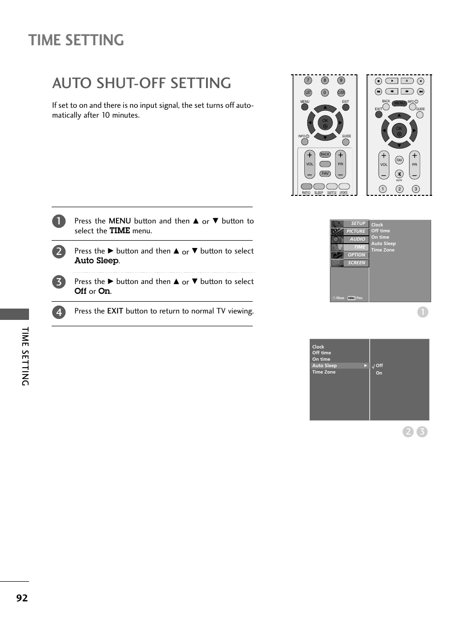 Auto shut-off setting, Time setting, 32 time setting | Button to select the time menu. press the, Button and then, Button to select auto sleep . press the | LG 26LC4* User Manual | Page 94 / 120