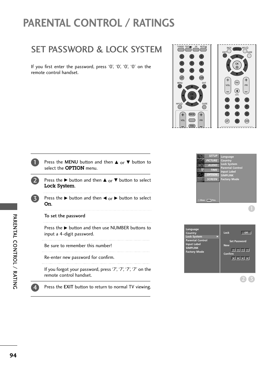 Parental control / ratings, Set password & lock system, 32 parent al contr ol / r a ting | Press the menu button and then, Button to select the option menu. press the, Button and then, Button to select lock system . press the | LG 26LC4* User Manual | Page 96 / 120