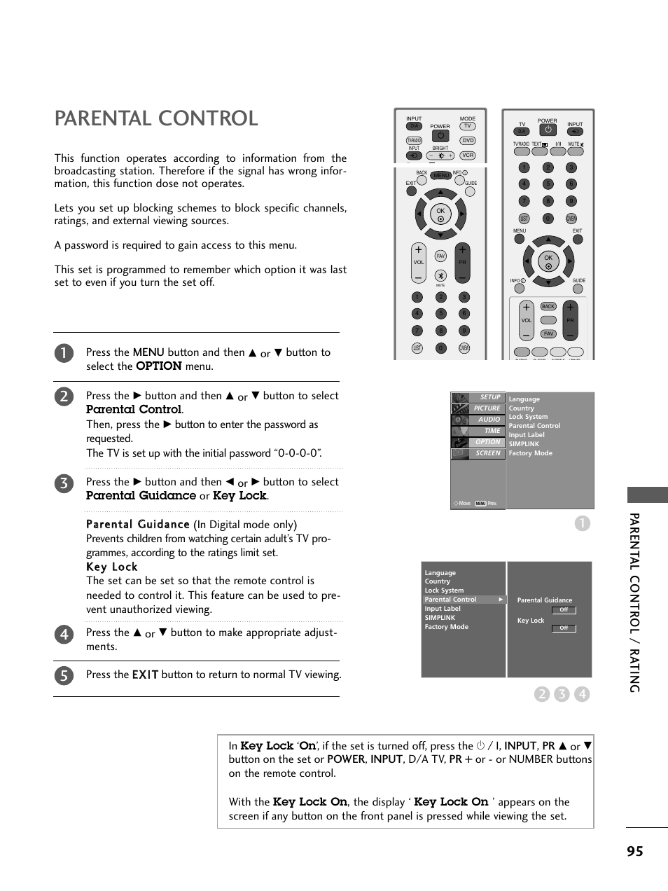 Parental control, Parent al contr ol / r a ting 3 4 2, Button to select the option menu. press the | Button and then, The display | LG 26LC4* User Manual | Page 97 / 120