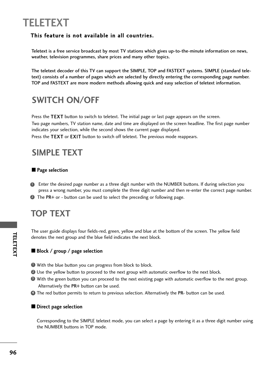 Teletext, Switch on/off, Simple text | Top text | LG 26LC4* User Manual | Page 98 / 120