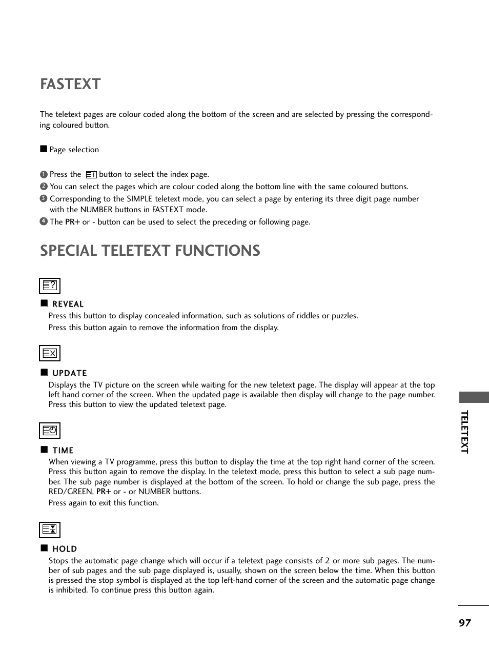 Fastext, Special teletext functions | LG 26LC4* User Manual | Page 99 / 120