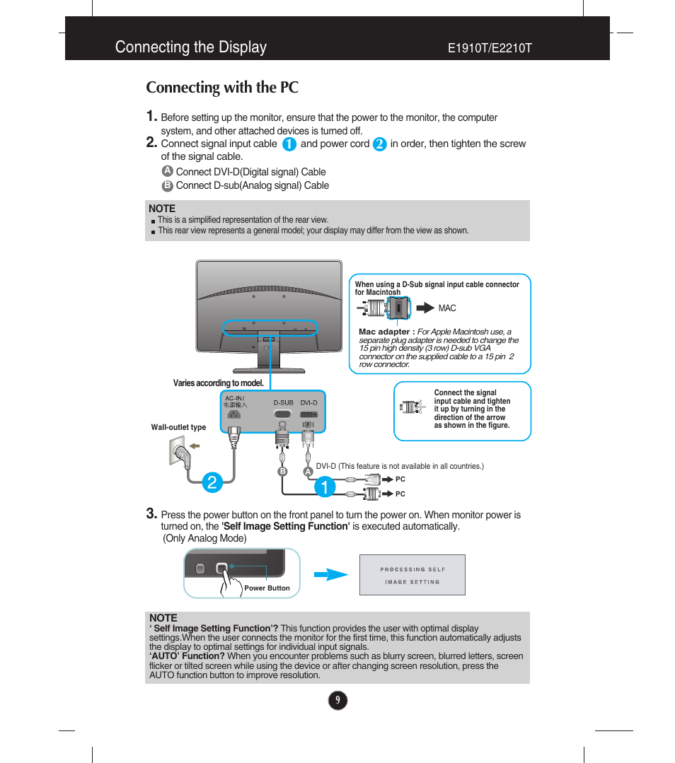 Connecting with the pc, E1910t/e2210t, Connecting the display | LG E1910S User Manual | Page 10 / 35