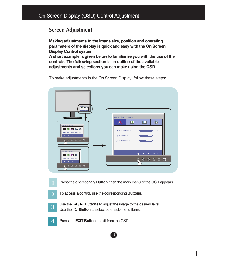 On screen display (osd) control adjustment, Screen adjustment | LG E1910S User Manual | Page 14 / 35