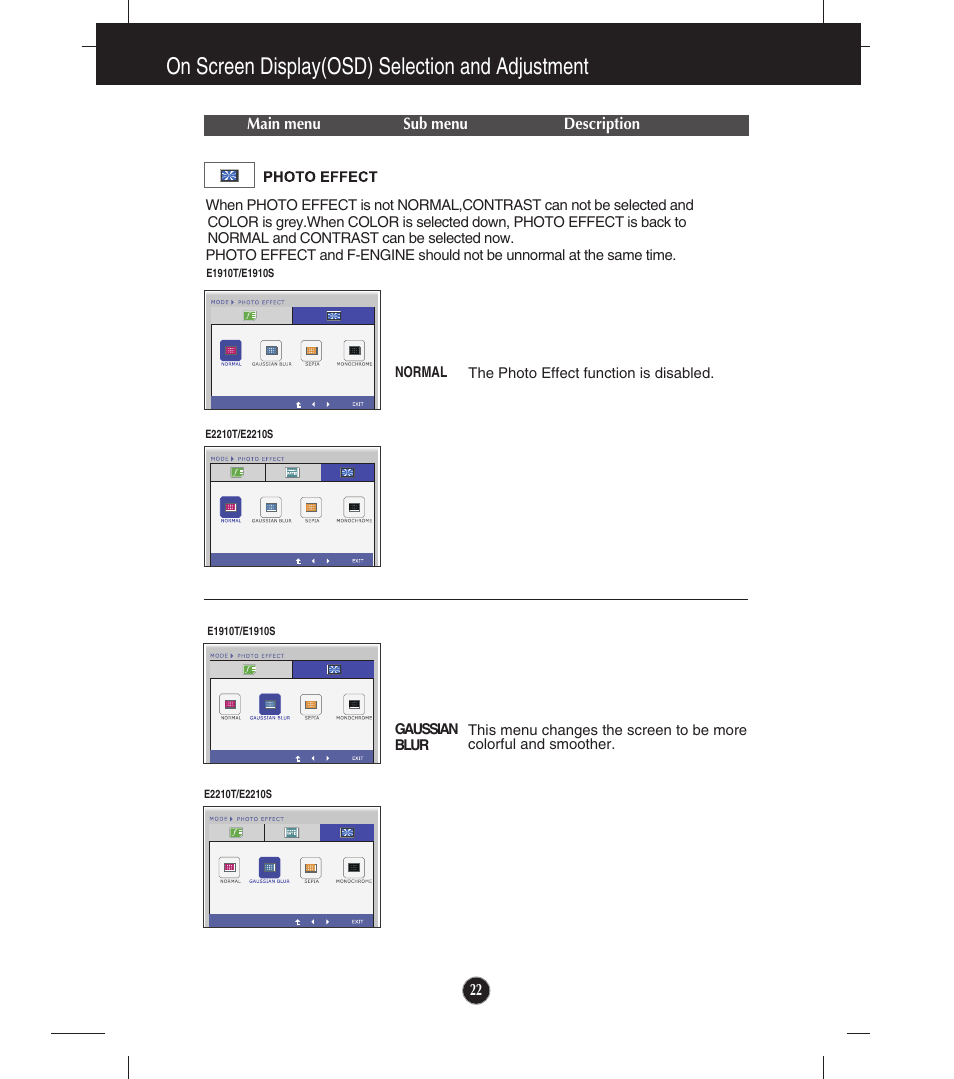 Photo effect, On screen display(osd) selection and adjustment | LG E1910S User Manual | Page 23 / 35