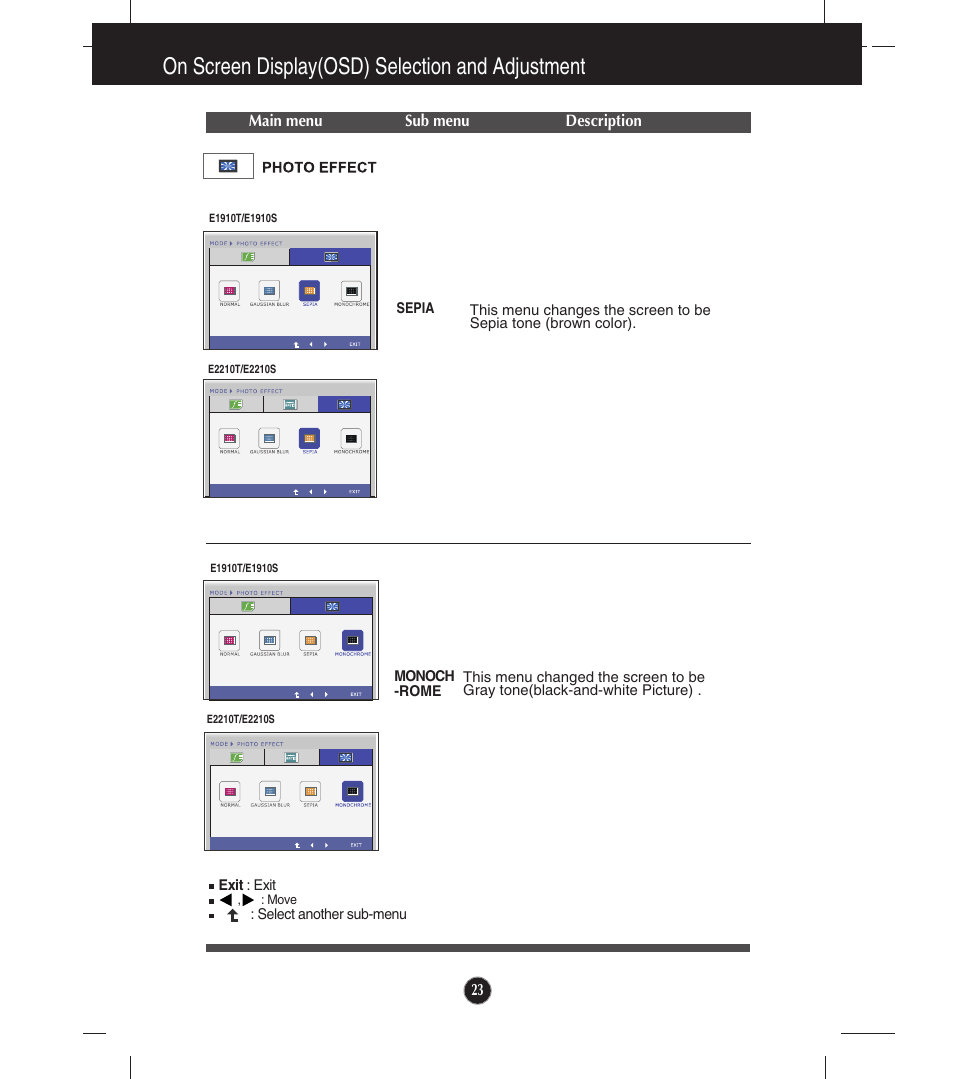 On screen display(osd) selection and adjustment | LG E1910S User Manual | Page 24 / 35