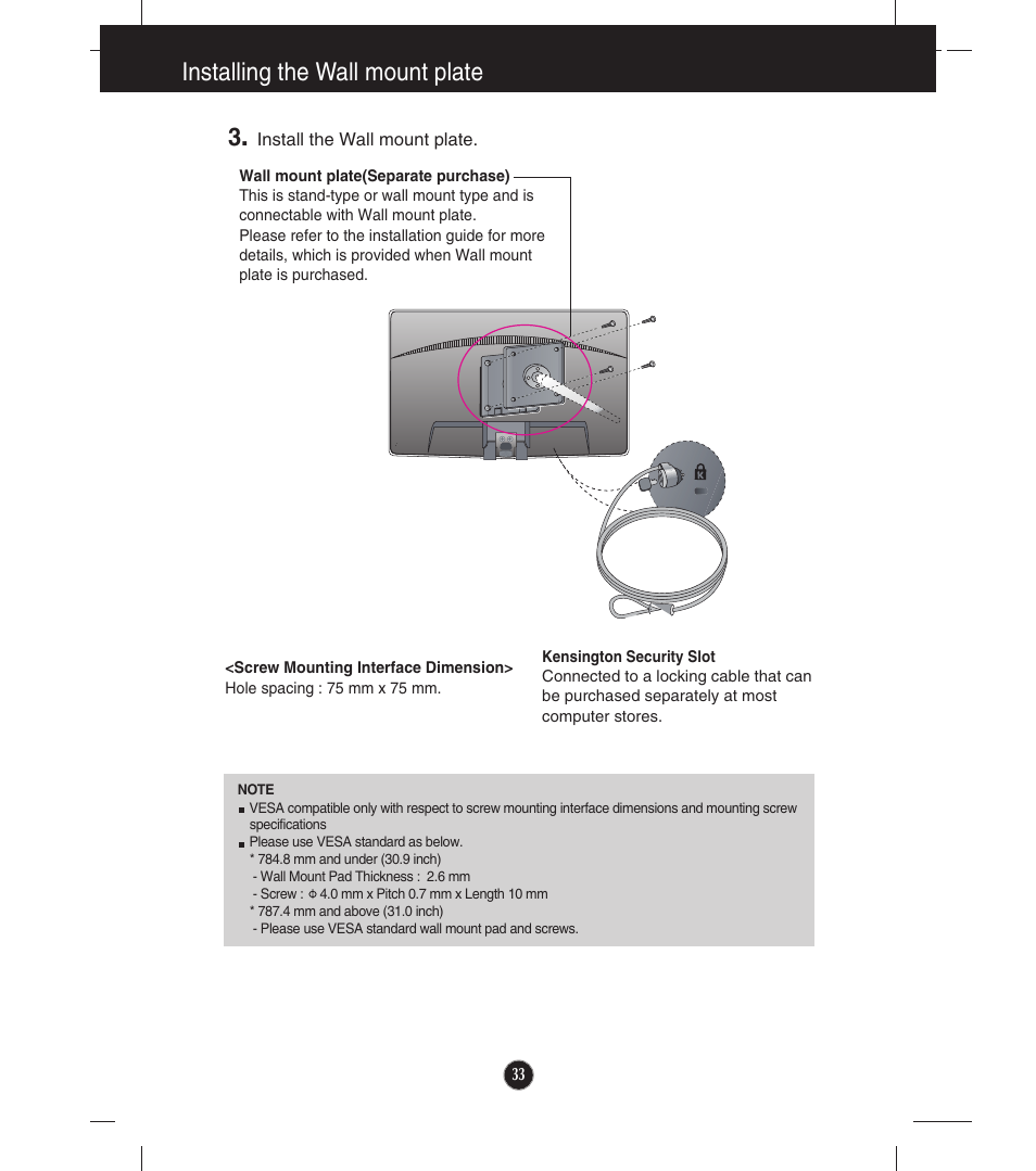 Installing the wall mount plate | LG E1910S User Manual | Page 34 / 35