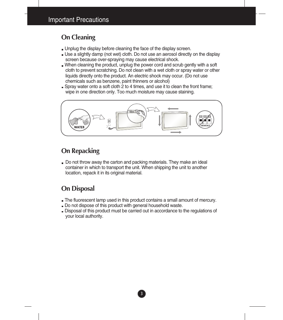 On cleaning, On repacking, On disposal | Important precautions | LG E1910S User Manual | Page 4 / 35