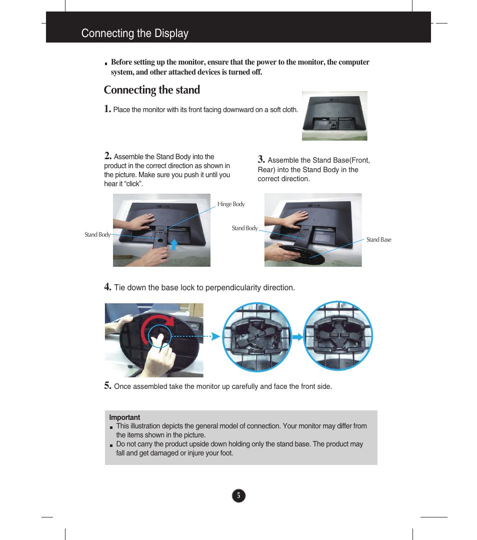 Connecting the display, Connecting the stand | LG E1910S User Manual | Page 6 / 35