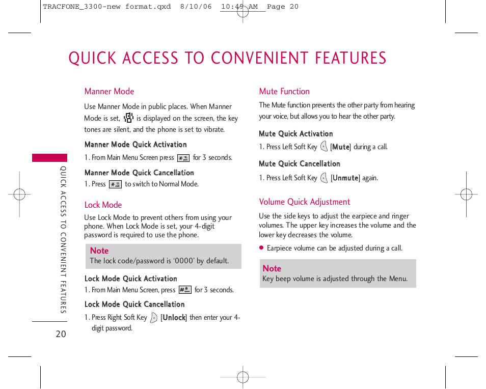 Quick access to convenient features | LG 3280 User Manual | Page 20 / 94