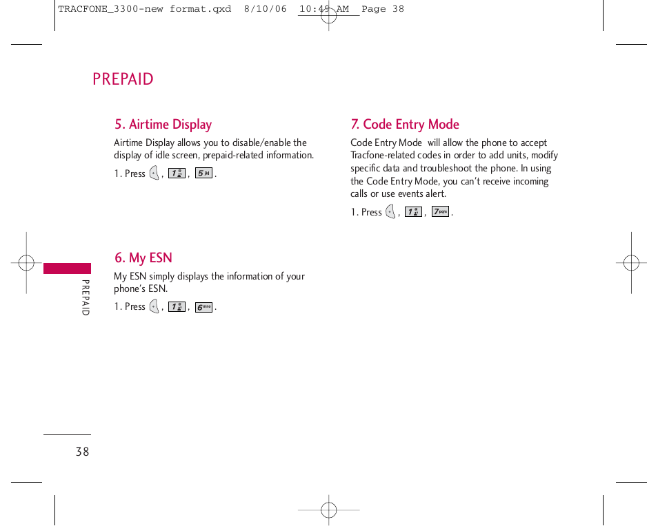 Prepaid, Airtime display, My esn | Code entry mode | LG 3280 User Manual | Page 38 / 94