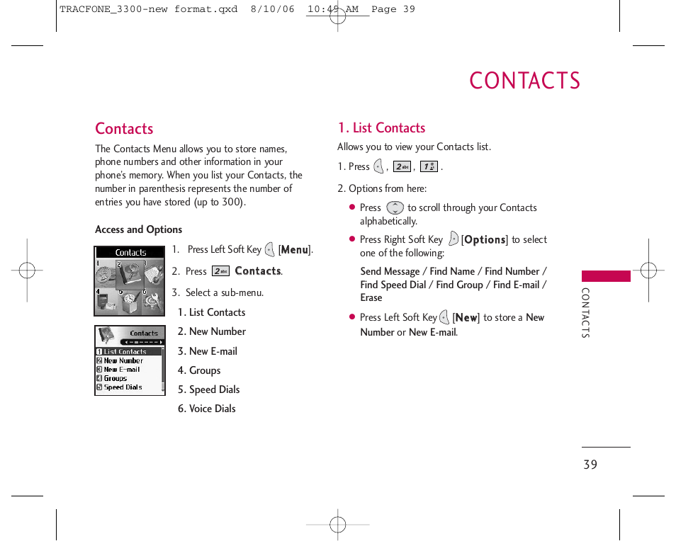 Contacts, List contacts | LG 3280 User Manual | Page 39 / 94