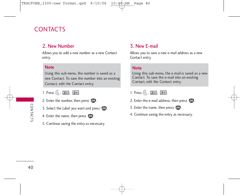 Contacts, New number, New e-mail | LG 3280 User Manual | Page 40 / 94