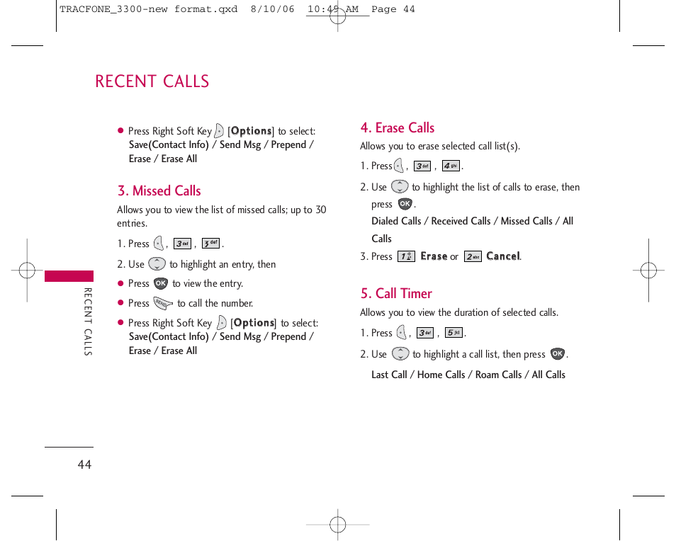 Recent calls, Missed calls, Erase calls | Call timer | LG 3280 User Manual | Page 44 / 94