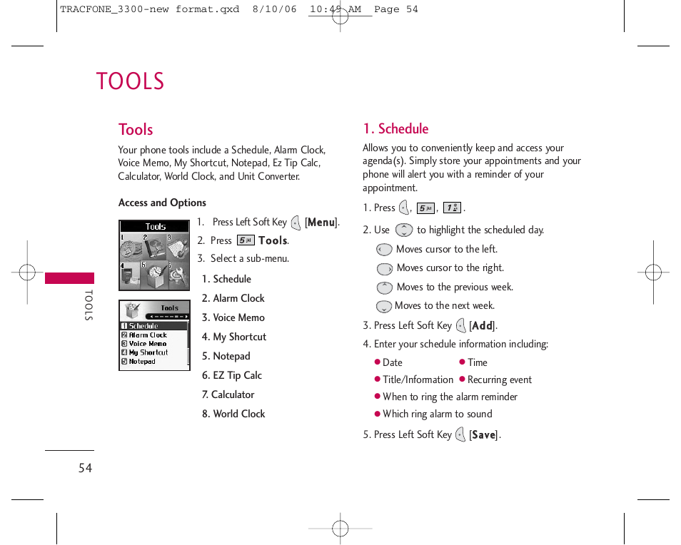 Tools, Schedule | LG 3280 User Manual | Page 54 / 94