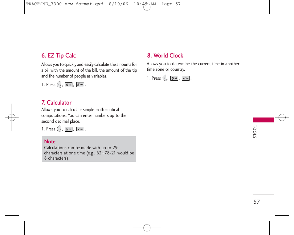 Ez tip calc, Calculator, World clock | LG 3280 User Manual | Page 57 / 94