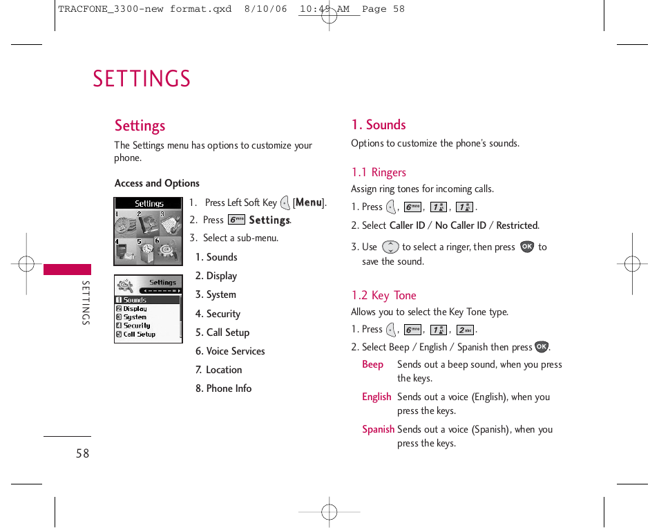 Settings, Sounds | LG 3280 User Manual | Page 58 / 94