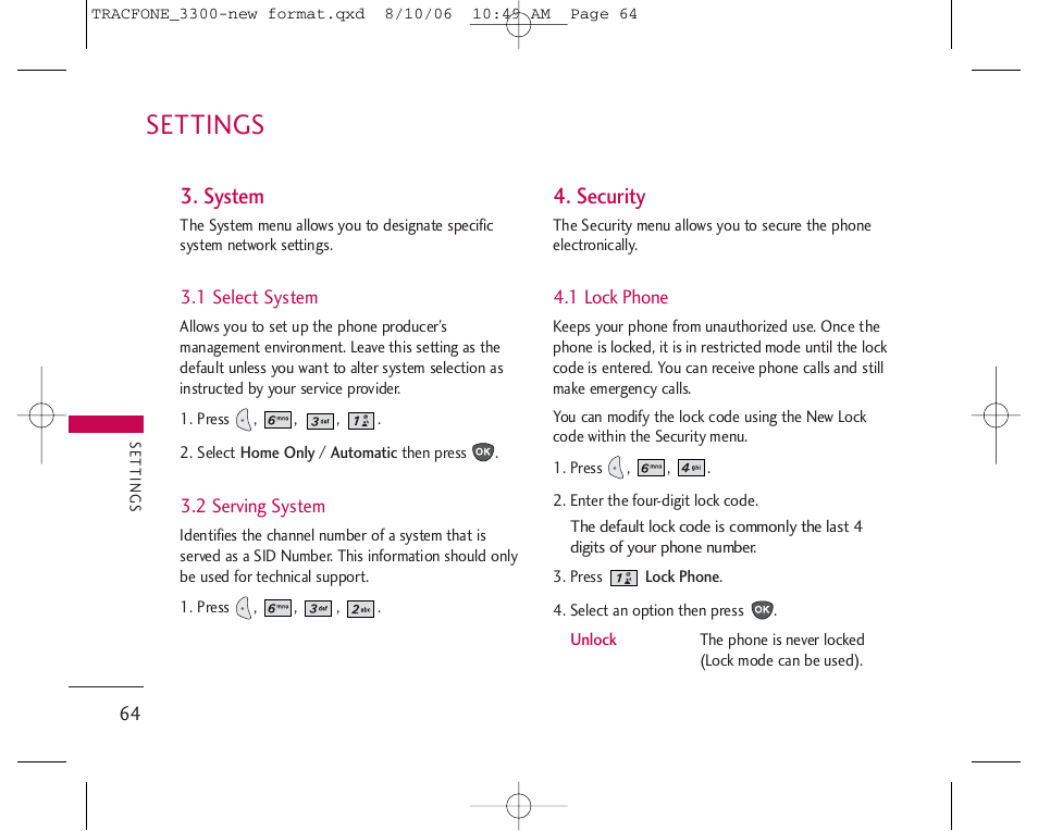 Settings, System, Security | LG 3280 User Manual | Page 64 / 94