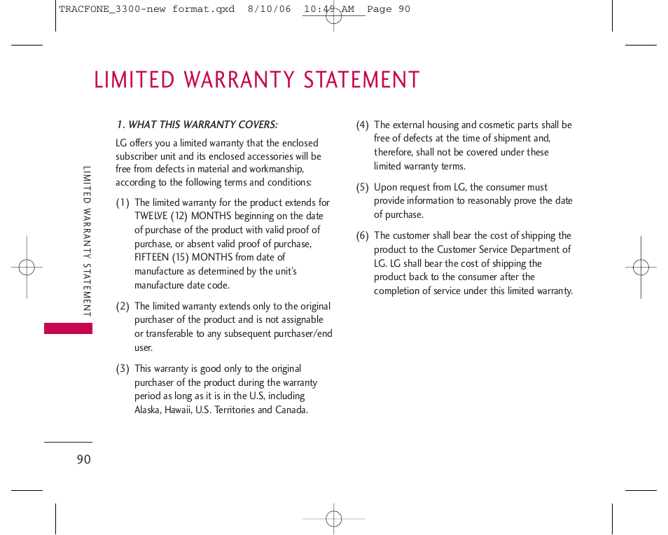 Limited warranty statement | LG 3280 User Manual | Page 90 / 94