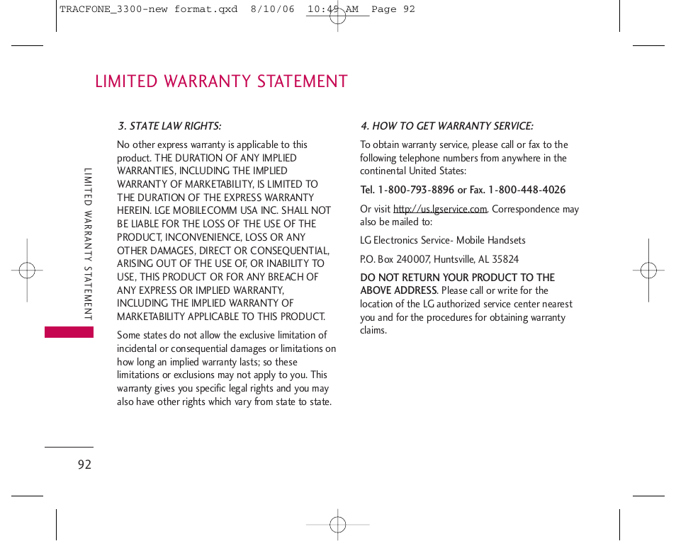 Limited warranty statement | LG 3280 User Manual | Page 92 / 94