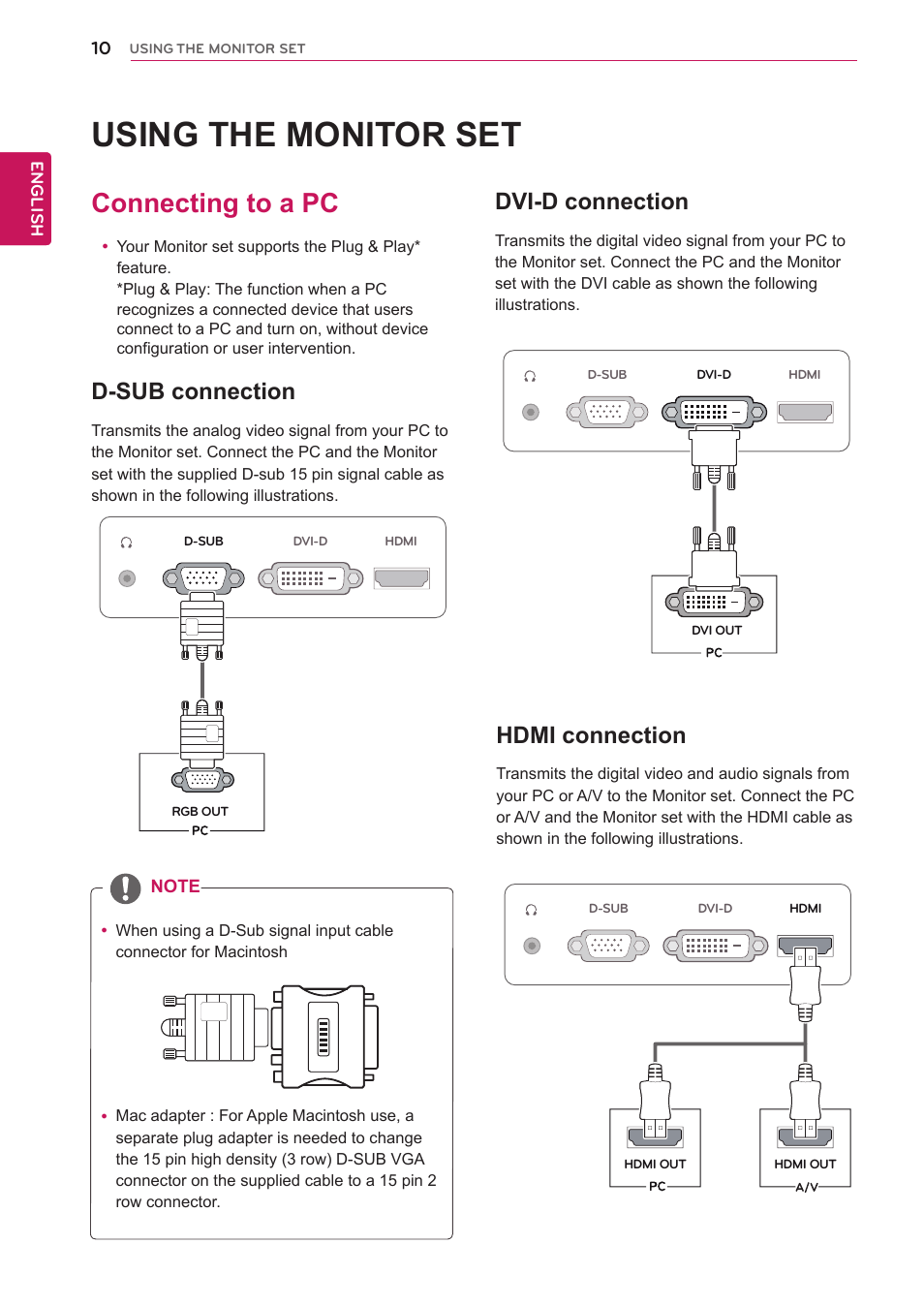 Using the monitor set, Connecting to a pc, D-sub connection | Dvi-d connection, Hdmi connection, 10 connecting to a pc 10 | LG D2342P User Manual | Page 10 / 22