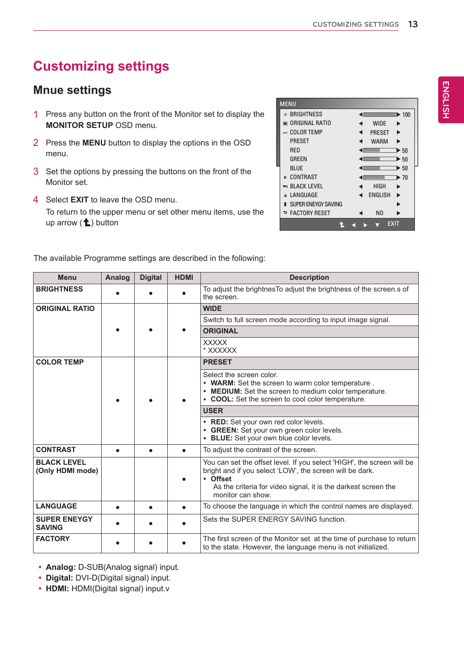 Customizing settings, Mnue settings, 13 customizing settings 13 | Menus.(see p.13), Menu(see p.13) | LG D2342P User Manual | Page 13 / 22