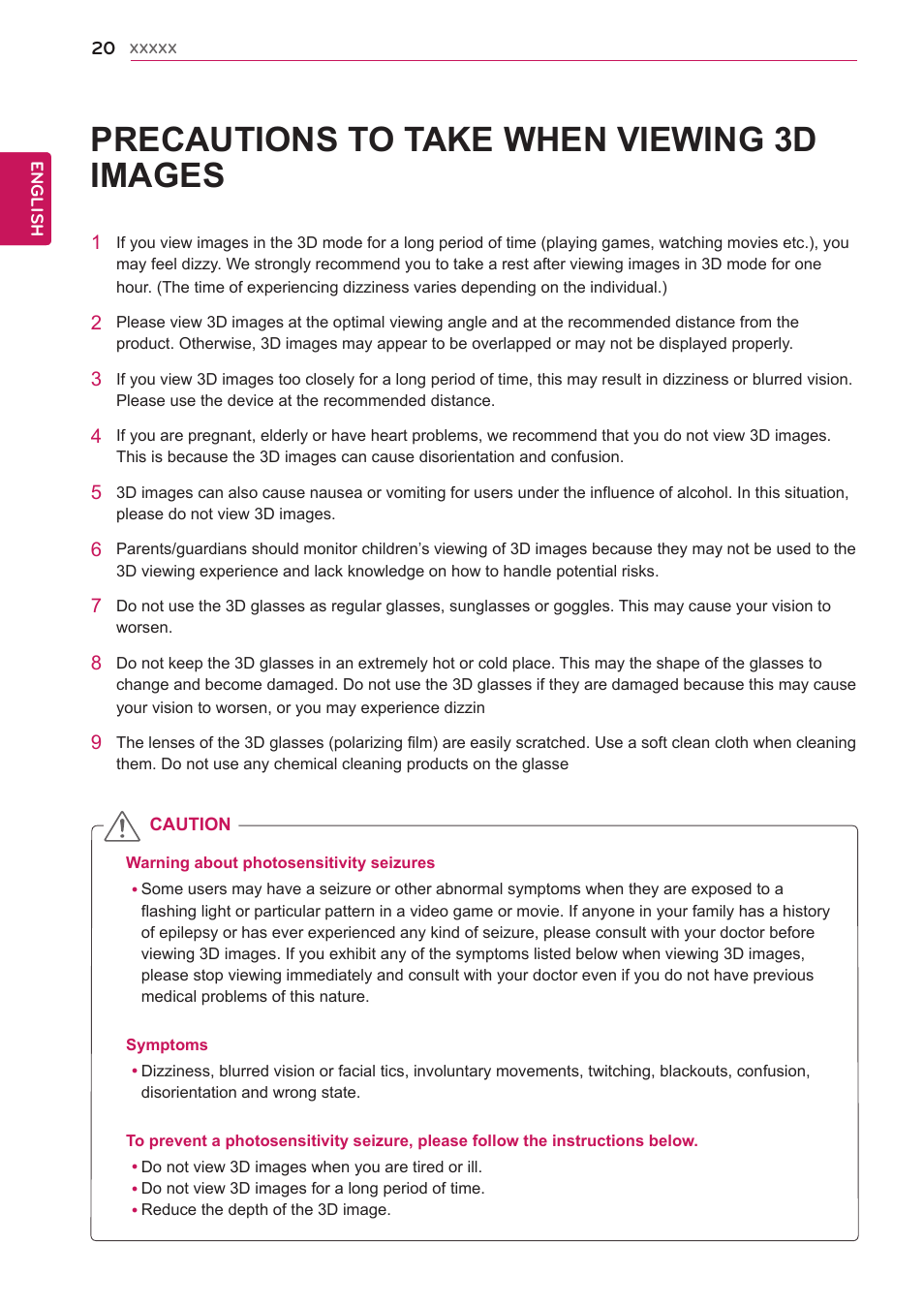 Precautions to take when viewing 3d images, Precautions to take, When viewing 3d images | LG D2342P User Manual | Page 20 / 22