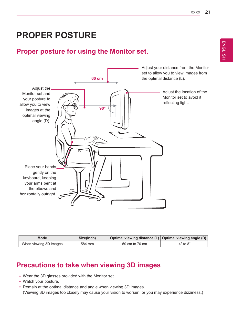 Proper posture, Proper posture for using the monitor set, Precautions to take when viewing 3d images | Ages | LG D2342P User Manual | Page 21 / 22