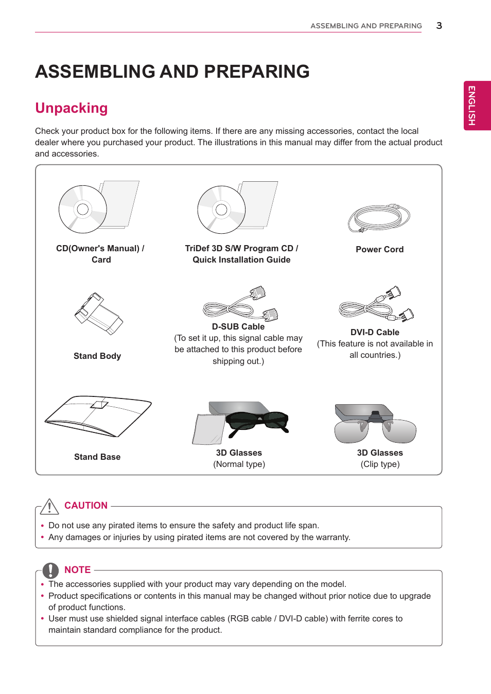 Assembling and preparing, Unpacking, Assembling and prepar | LG D2342P User Manual | Page 3 / 22