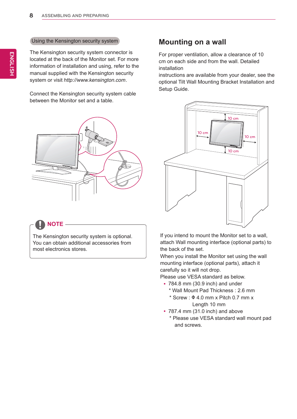 Mounting on a wall | LG D2342P User Manual | Page 8 / 22