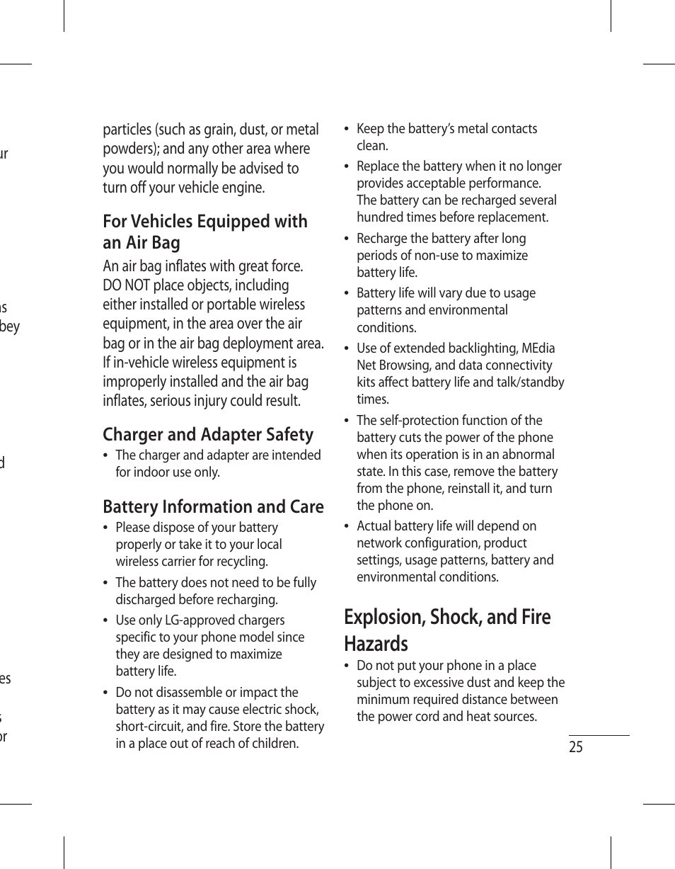 Explosion, shock, and fire hazards | LG 500G User Manual | Page 27 / 98