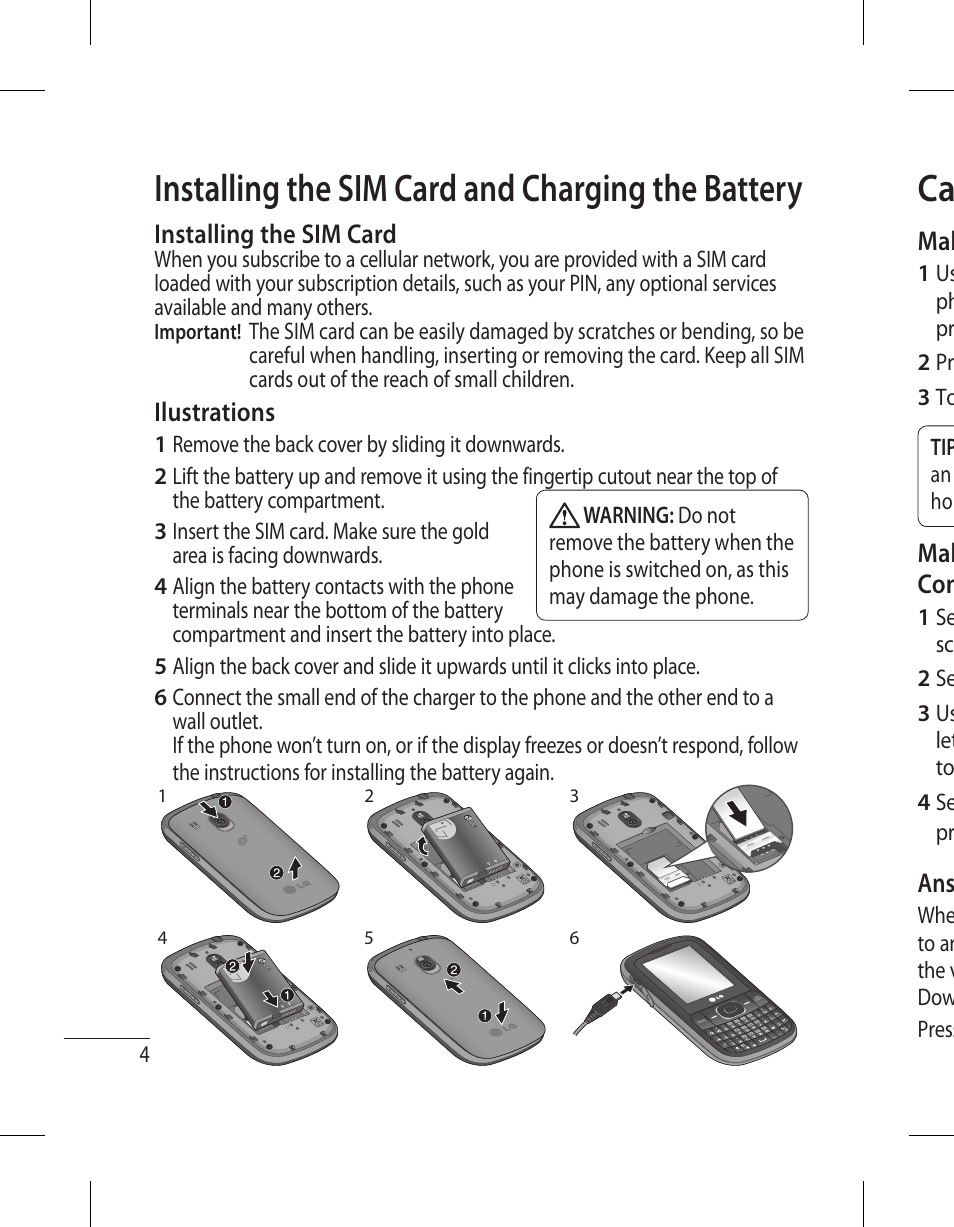 Installing the sim card and charging the battery | LG 500G User Manual | Page 6 / 98