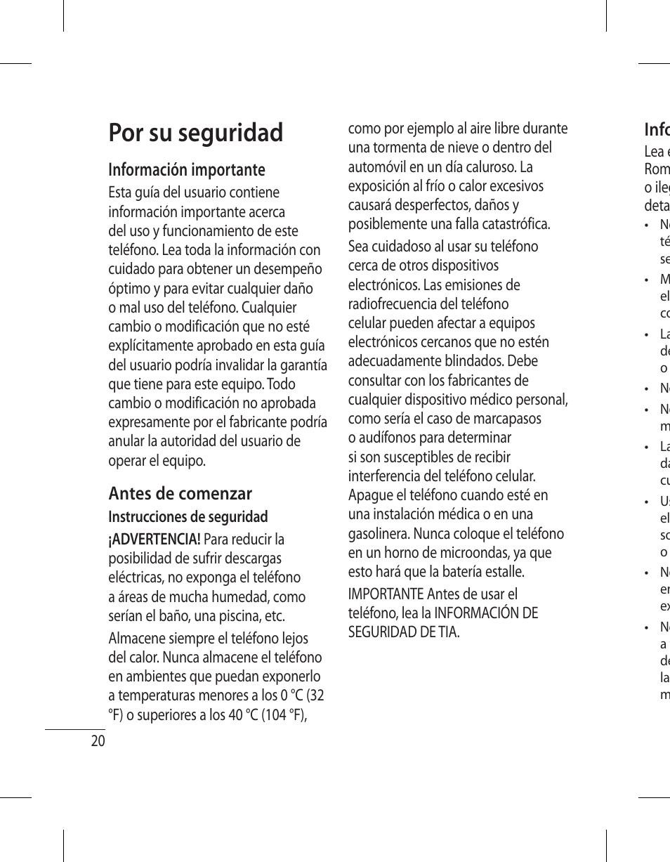 Por su seguridad, Información importante, Antes de comenzar | Info | LG 500G User Manual | Page 60 / 98