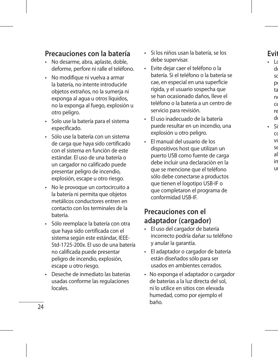 Precauciones con la batería, Precauciones con el adaptador (cargador), Evit | LG 500G User Manual | Page 64 / 98