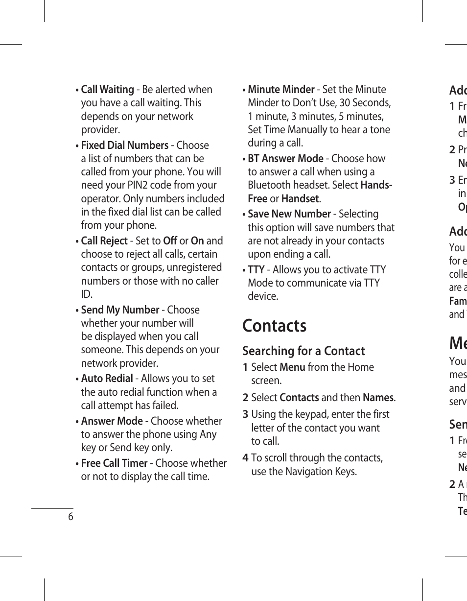 Contacts | LG 500G User Manual | Page 8 / 98